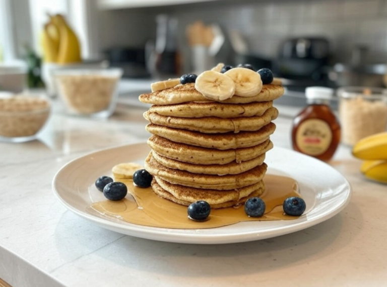 Banana oatmeal pancakes served on a white plate, topped with banana slices, blueberries, and maple syrup in a bright kitchen.