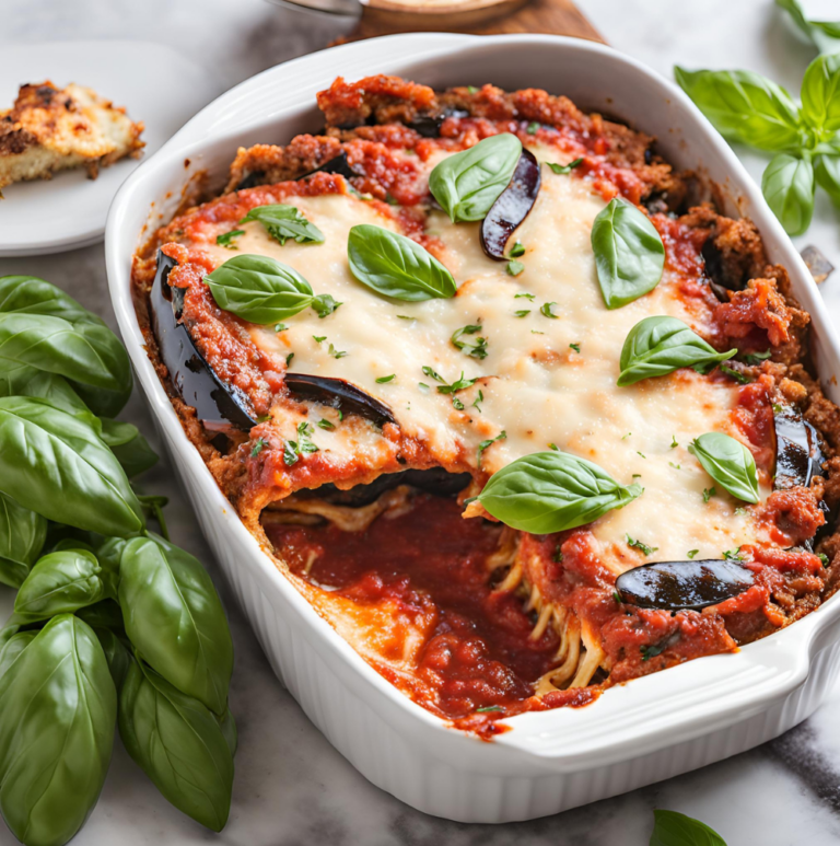 A close-up of a cheesy, golden-brown baked Eggplant Parmesan with fresh basil garnish.