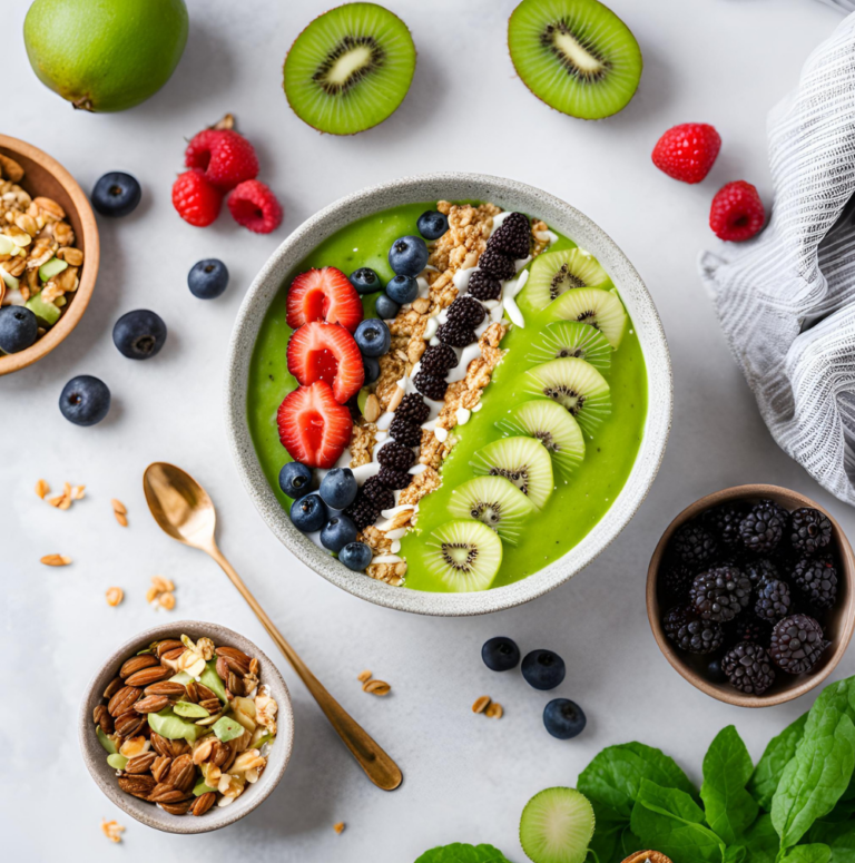 A green smoothie bowl topped with kiwi, berries, granola, and almond slices on a white table surrounded by fresh ingredients like blueberries, raspberries, and spinach leaves.