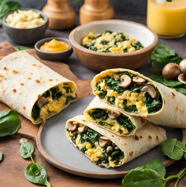 Breakfast wraps filled with spinach, mushrooms, and scrambled eggs on a rustic wooden platter with accompaniments.