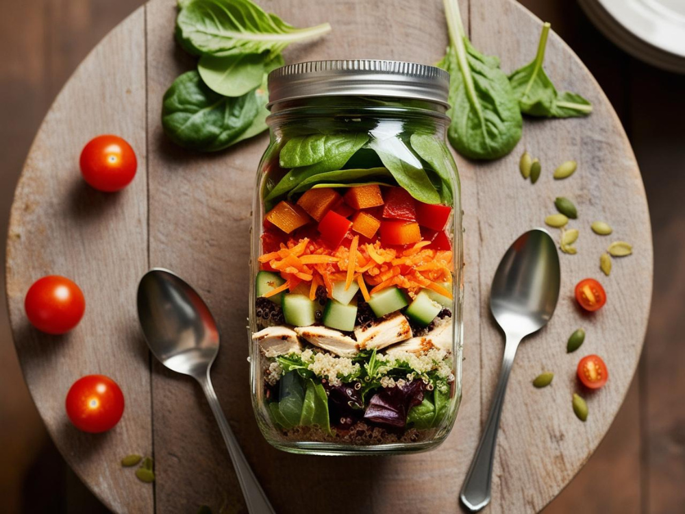 A side view of a layered Mason Jar Salad featuring fresh vegetables, quinoa, and grilled chicken, with spinach leaves and utensils beside it.