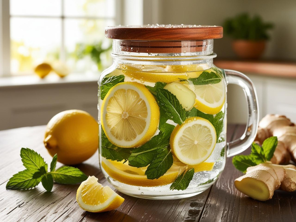 A side view of detox water with lemon, ginger, and mint in a rustic glass jar on a kitchen table with fresh ingredients nearby.