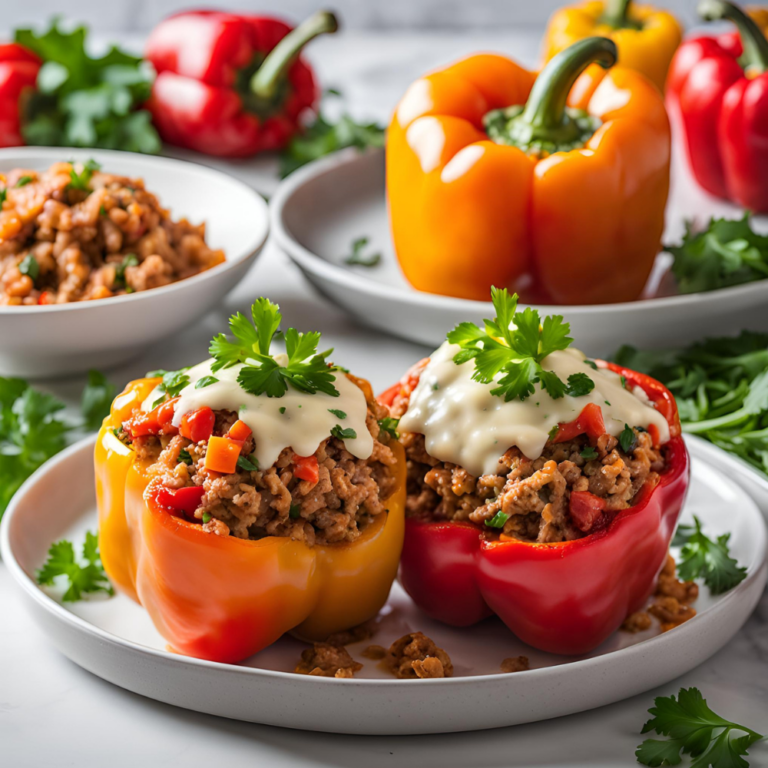 Stuffed bell peppers topped with melted cheese and parsley on a rustic plate.