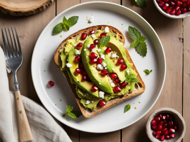 A beautifully plated avocado toast on a rustic white dish, topped with creamy avocado, pomegranate seeds, crumbled feta cheese, and fresh mint leaves. A fork, napkin, and bowl of pomegranate seeds are set around the plate for a cozy breakfast feel.