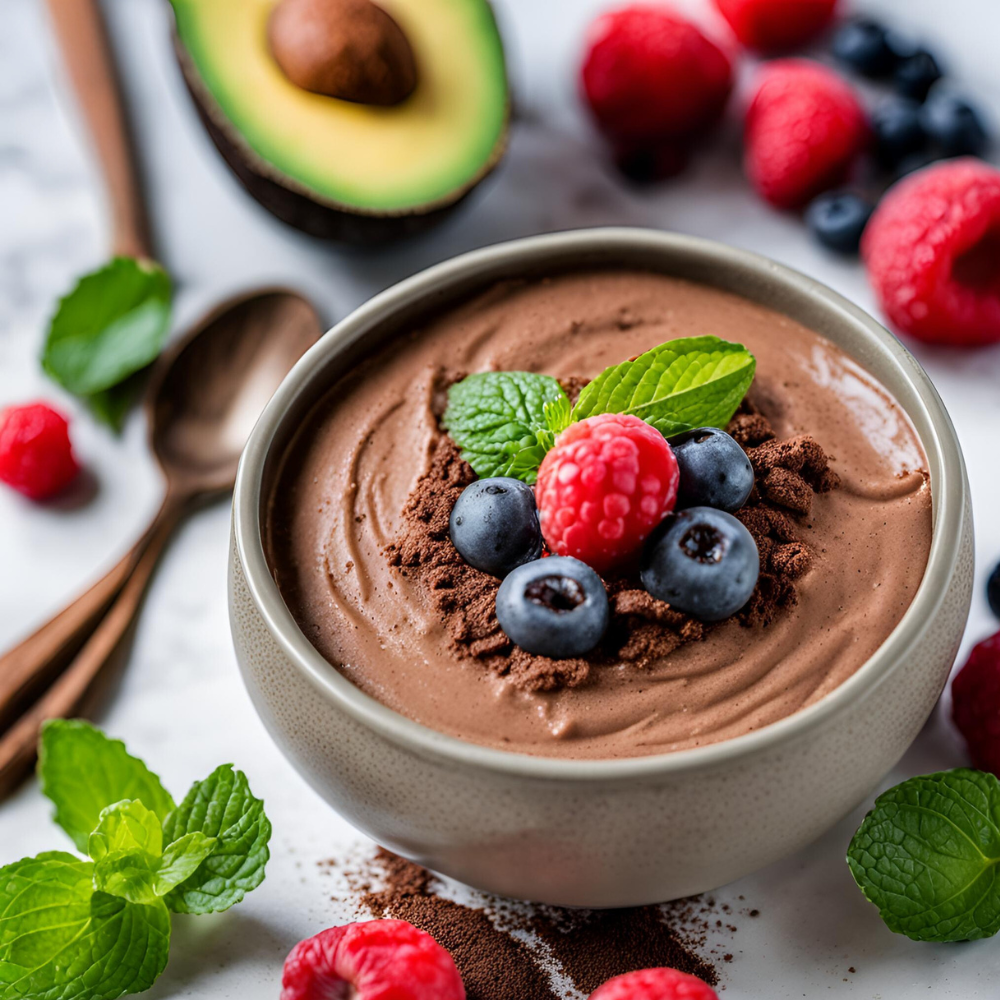 A small bowl of smooth chocolate avocado mousse garnished with raspberries, blueberries, and mint leaves on a marble countertop.