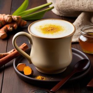 Golden turmeric latte in a rustic mug surrounded by turmeric roots, cinnamon sticks, and honey.