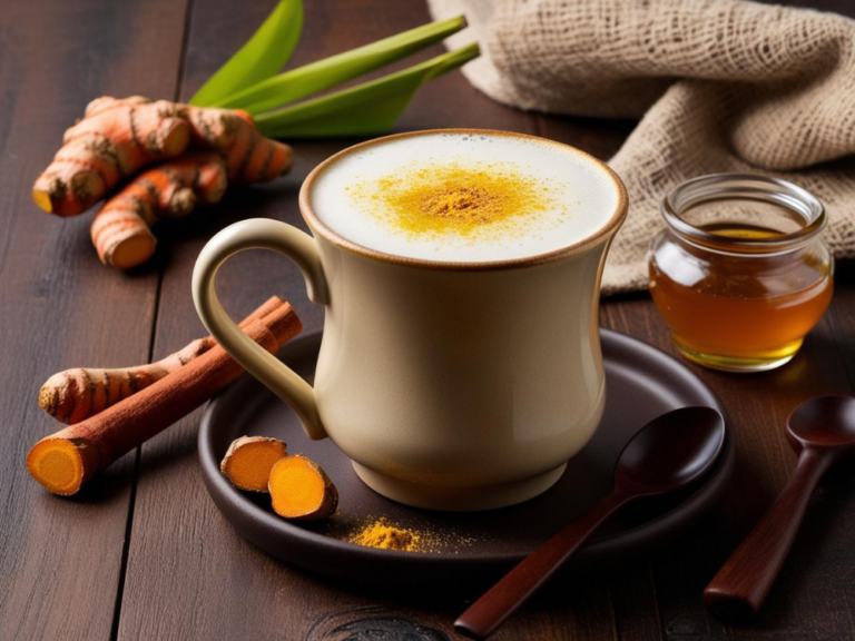 Golden turmeric latte in a rustic mug surrounded by turmeric roots, cinnamon sticks, and honey.