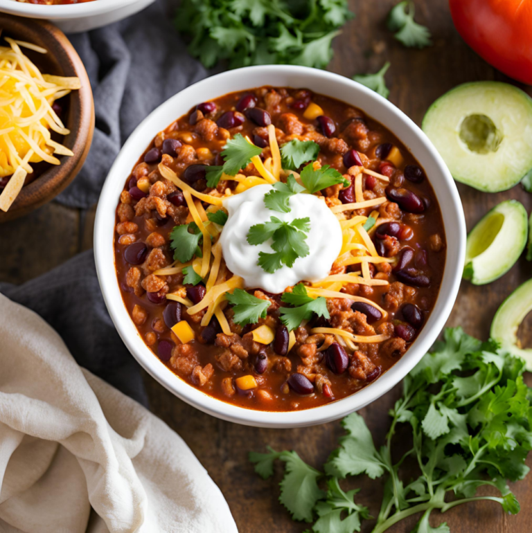 Slow cooker turkey chili served with shredded cheese, avocado, and fresh herbs.