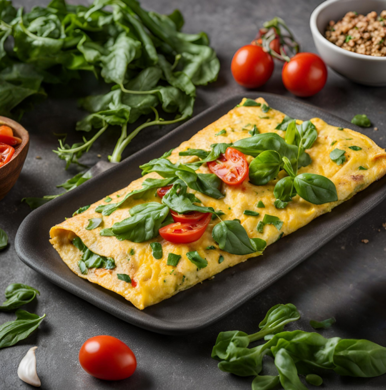 A rectangular frittata with spinach and tomatoes on a dark plate, surrounded by fresh greens and cherry tomatoes.