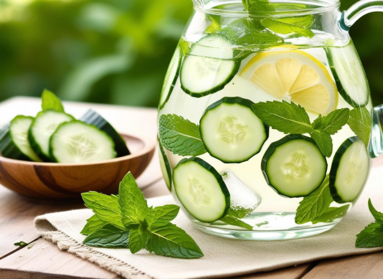 Wooden bowl of cucumber slices next to a pitcher of cucumber mint water.