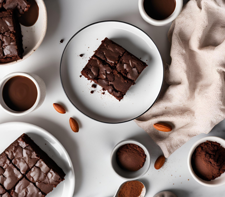 A single square almond flour brownie on a white plate, styled with almonds and cocoa powder in a modern kitchen setting.