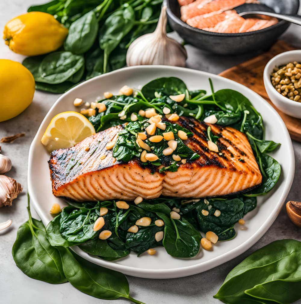 Grilled salmon fillet topped with pine nuts and served over fresh spinach, accompanied by lemon and garlic.