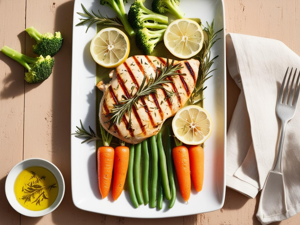 Grilled chicken breast with rosemary and lemon, plated with colorful steamed vegetables, including carrots, broccoli, and green beans.
