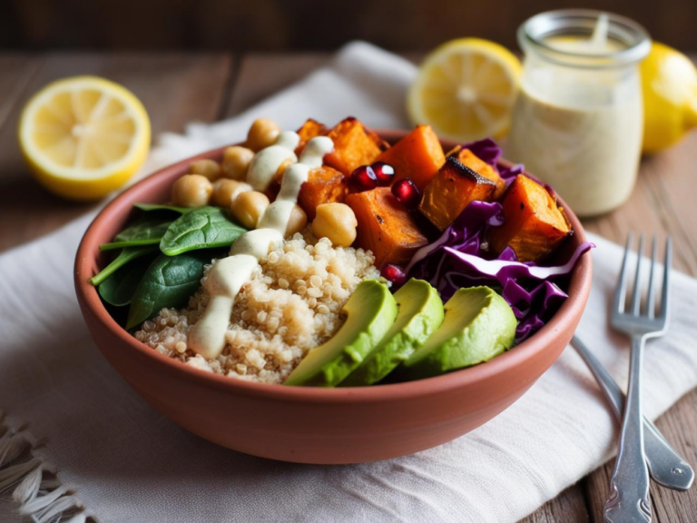 A top-down view of a quinoa Buddha bowl with roasted vegetables, avocado slices, and lemon tahini dressing on a rustic wooden table.