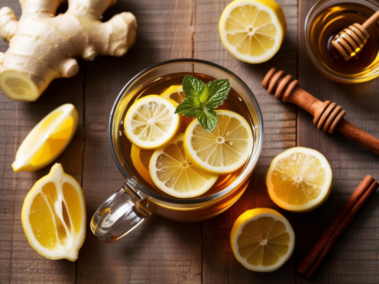 Top-down view of Ginger Lemon Detox Tea with floating lemon slices and a sprig of mint, surrounded by ingredients.