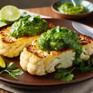 Two cauliflower steaks on a brown plate, generously topped with chimichurri sauce, with lime and parsley for garnish.