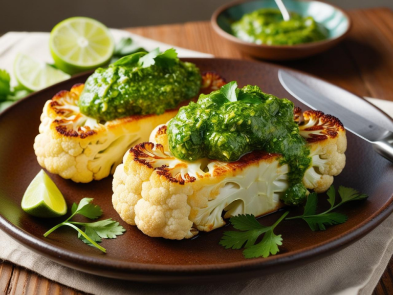 Two cauliflower steaks on a brown plate, generously topped with chimichurri sauce, with lime and parsley for garnish.