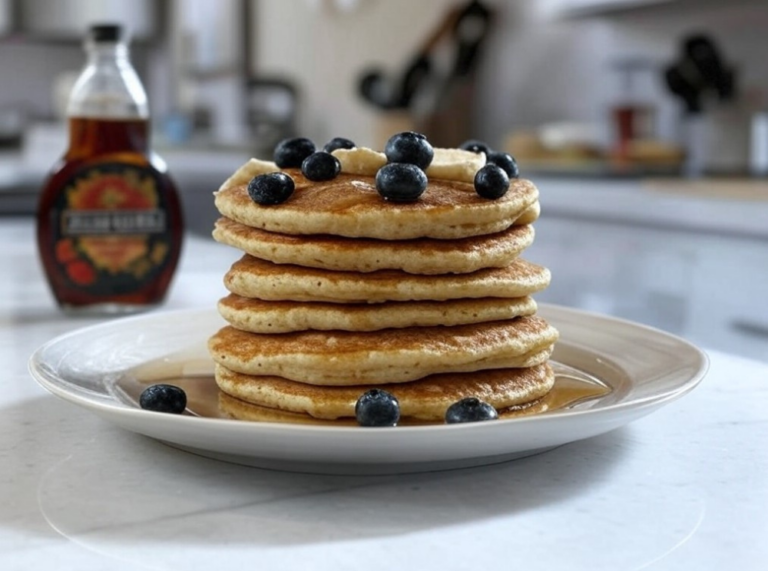 Golden banana oatmeal pancakes with fresh blueberries and maple syrup on a white plate in a cozy kitchen.