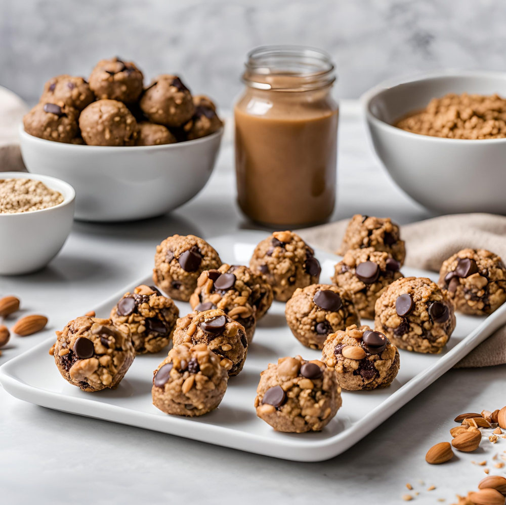 Vegan energy bites arranged on a rectangular white tray with jars of peanut butter and bowls of oats in the background.