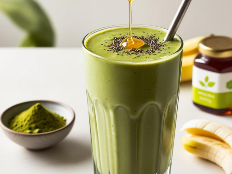 Matcha Green Tea Smoothie with chia seeds and honey drizzle, placed on a table with matcha powder and banana slices in the background.