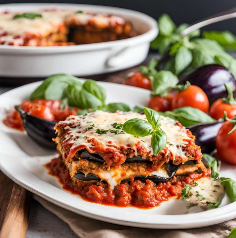 A plate with a slice of Eggplant Parmesan served with cherry tomatoes and fresh basil leaves.