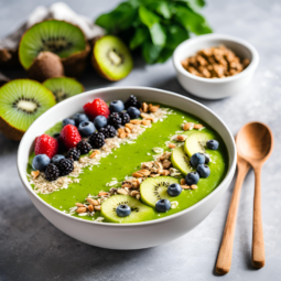 A green smoothie bowl decorated with fresh fruits, granola, and seeds, styled with wooden spoons and kiwi slices on a gray background.