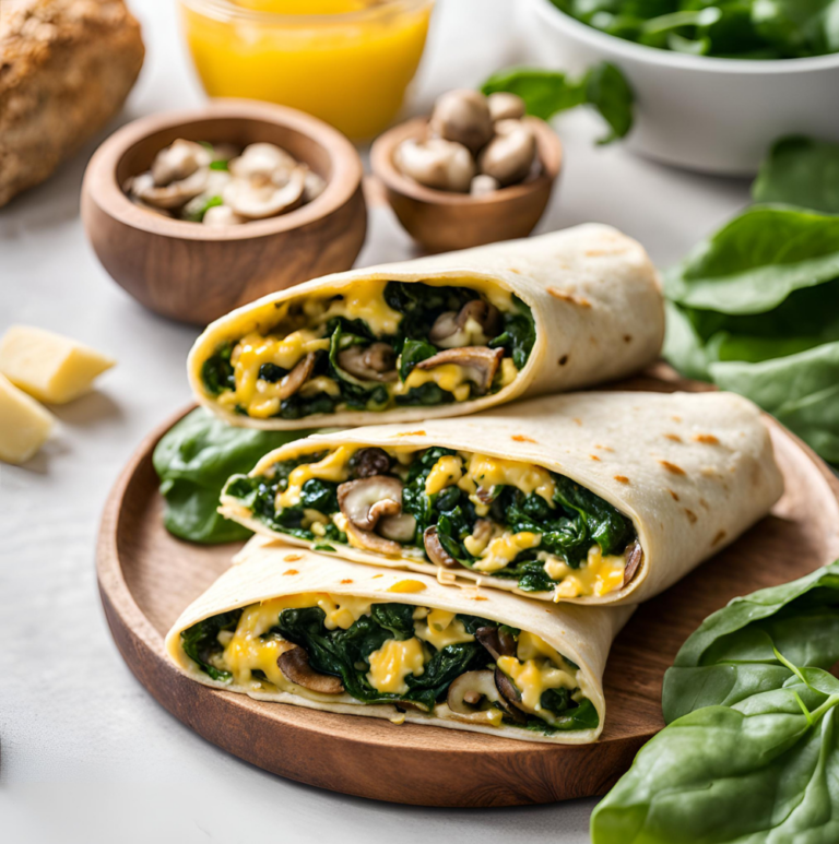 Two spinach and mushroom breakfast wraps on a wooden plate with fresh ingredients in the background.