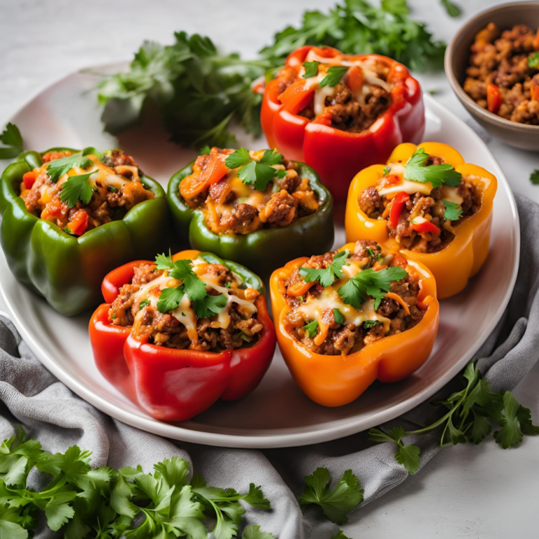 Multiple stuffed bell peppers with turkey filling and melted cheese arranged on a serving plate.