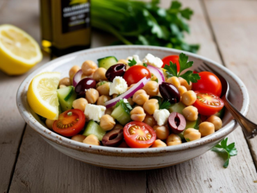 A hearty Mediterranean Chickpea Salad with fresh parsley, feta, and Kalamata olives in a rustic ceramic bowl.