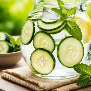 Close-up of cucumber slices and mint leaves in a pitcher of water.