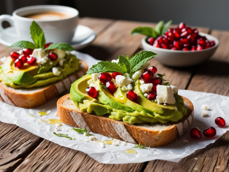 Two slices of avocado toast on parchment paper, topped with fresh avocado slices, pomegranate seeds, feta cheese, and mint. A hot cup of coffee and a bowl of pomegranate seeds sit in the background, creating a cozy breakfast setting.