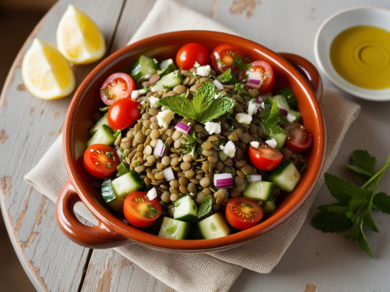 A rustic serving of Mediterranean Lentil Salad in a terra cotta bowl with fresh vegetables and feta, drizzled with olive oil.