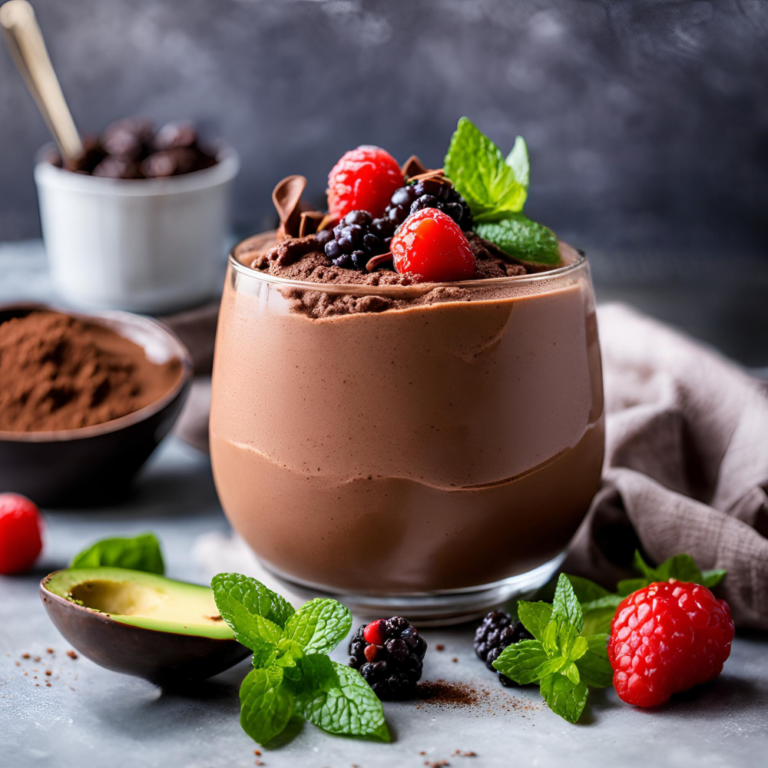 A glass of chocolate avocado mousse topped with blackberries, raspberries, mint leaves, and chocolate shavings on a rustic table.