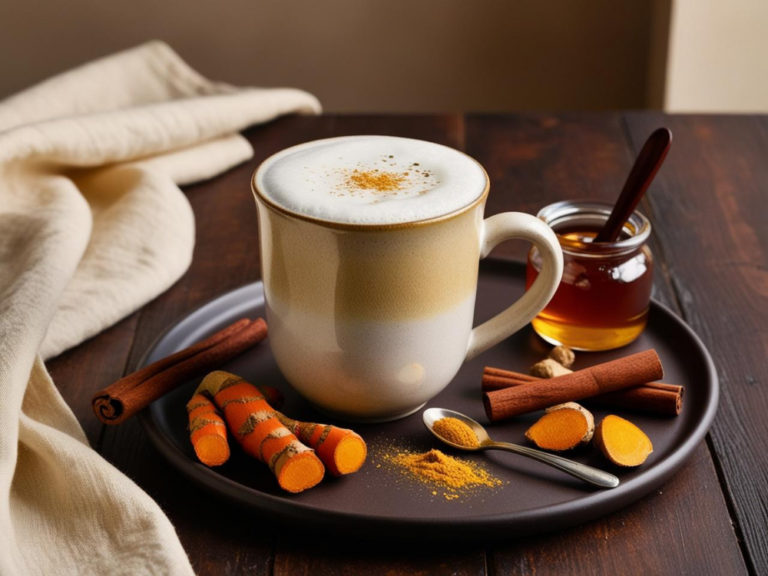 Anti-inflammatory turmeric latte on a wooden plate with cinnamon, turmeric powder, and honey.