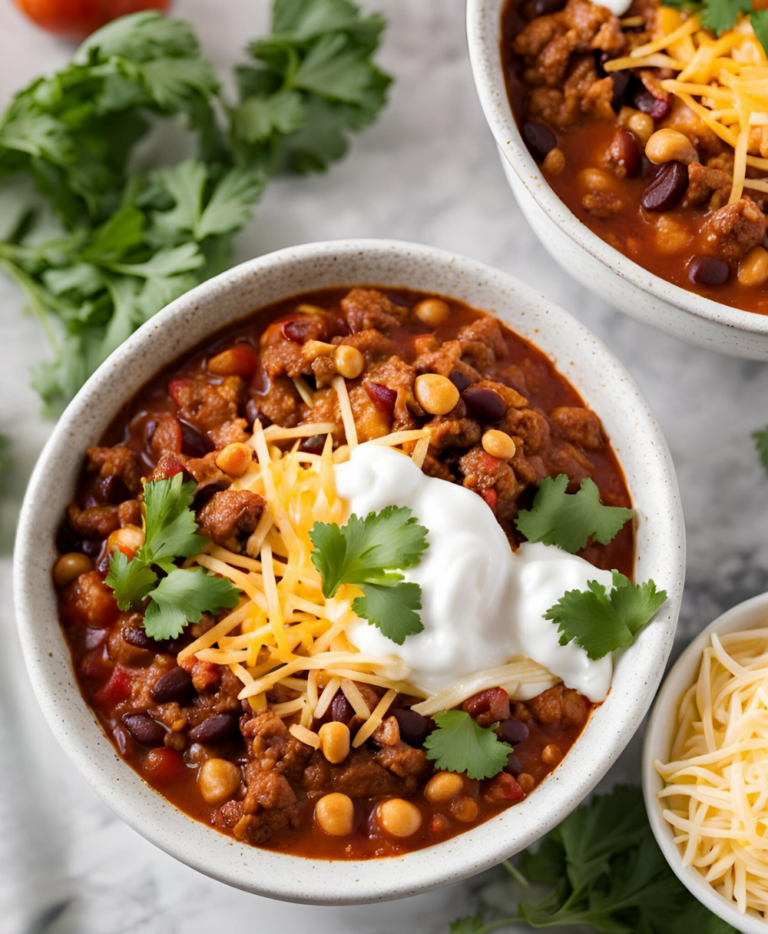 A serving of slow cooker turkey chili with beans, corn, and shredded cheese.