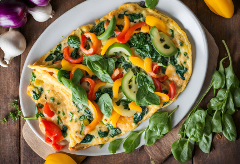 A colorful vegetable omelette with bell peppers, spinach, and herbs on a white plate.