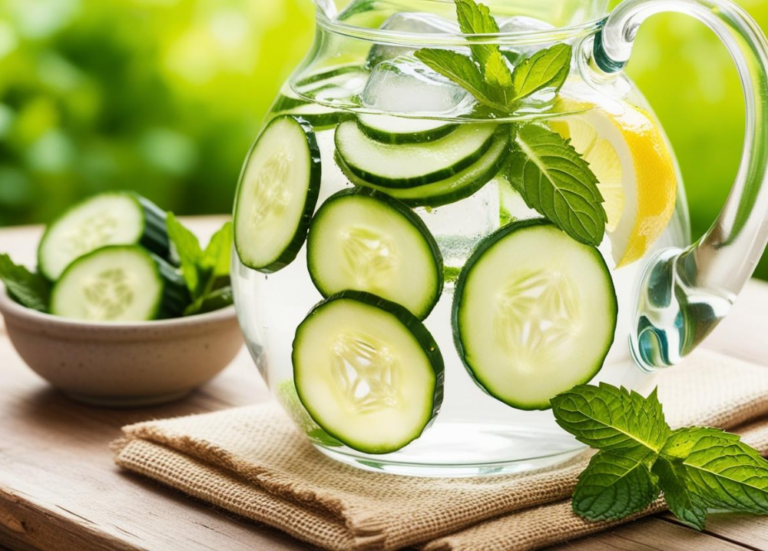 Close-up of cucumber slices and mint leaves in a pitcher of water.