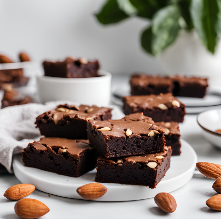 Multiple almond flour brownies arranged on a white round serving plate with almonds and a blurred green plant in the background.