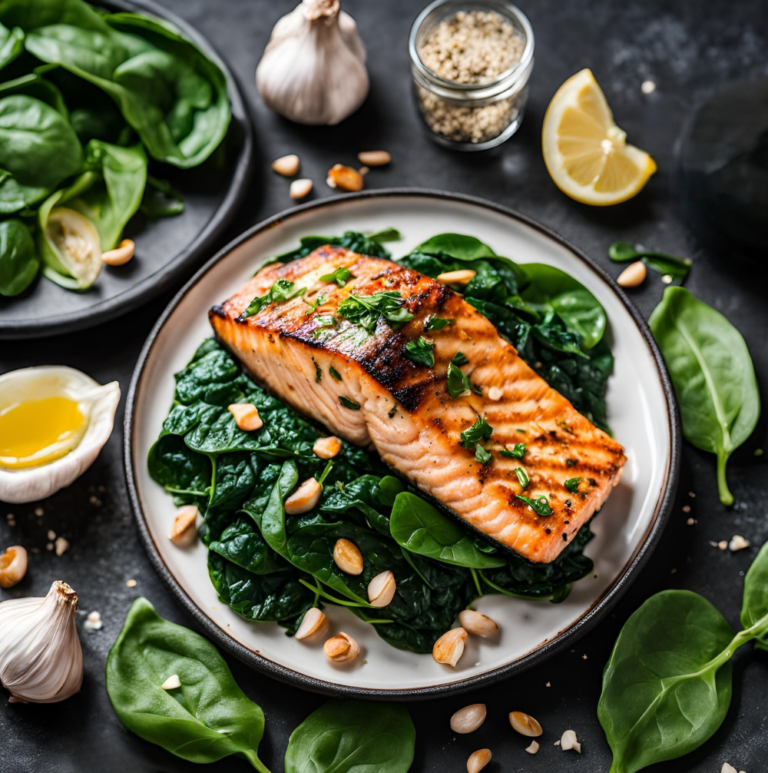 Grilled salmon fillet paired with wilted spinach, garnished with fresh herbs and nuts, set on a dark background.