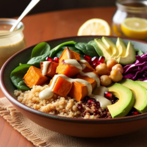 Quinoa Buddha bowl with roasted vegetables, chickpeas, and fresh greens, drizzled with tahini dressing, perfect for clean eating.