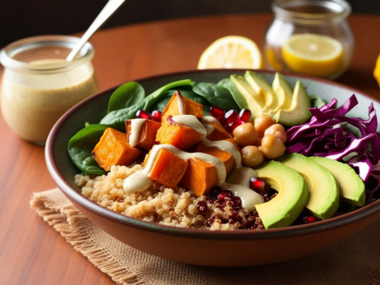 Quinoa Buddha bowl with roasted vegetables, chickpeas, and fresh greens, drizzled with tahini dressing, perfect for clean eating.