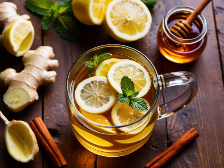 Ginger Lemon Detox Tea in a glass mug with honey, ginger, and lemon slices on a wooden board.