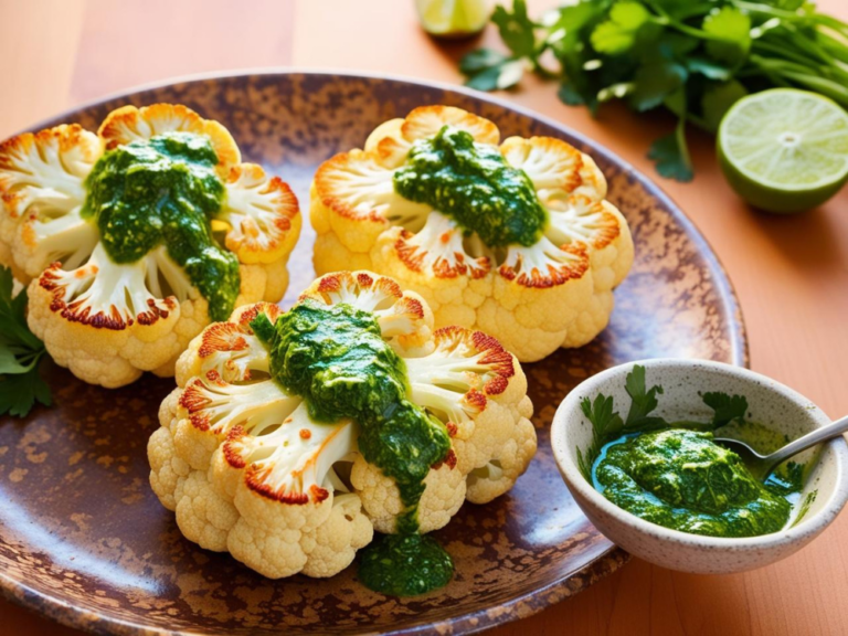 Three roasted cauliflower steaks drizzled with chimichurri on a speckled ceramic plate, with fresh herbs in the background.