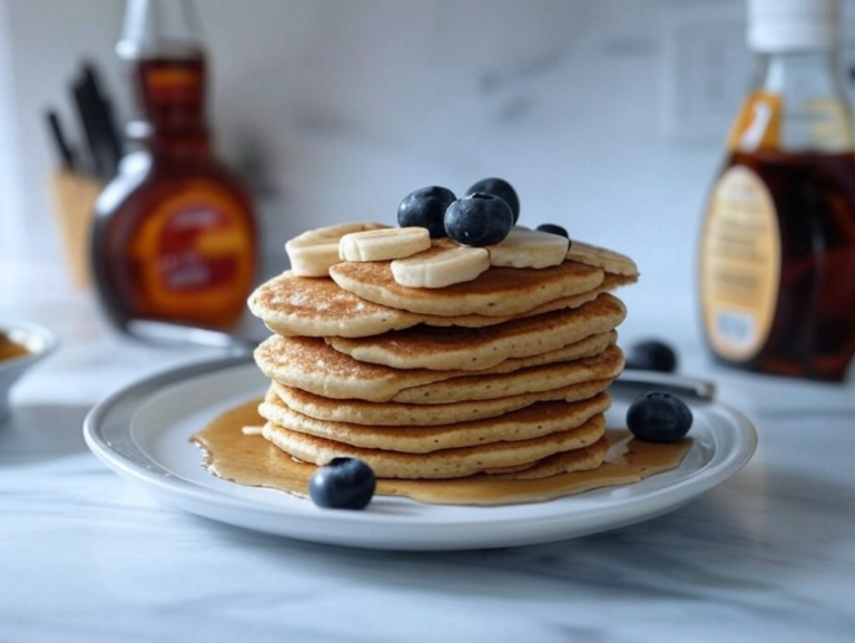 A stack of banana oatmeal pancakes topped with banana slices and blueberries, served with maple syrup in a bright kitchen setting.