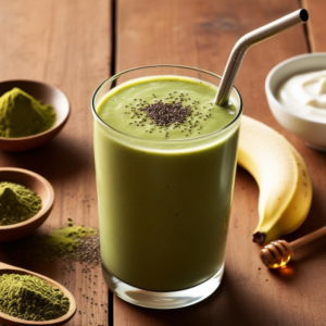 A minimalist presentation of Matcha Green Tea Smoothie in a tall glass, surrounded by matcha powder, yogurt, and a banana.