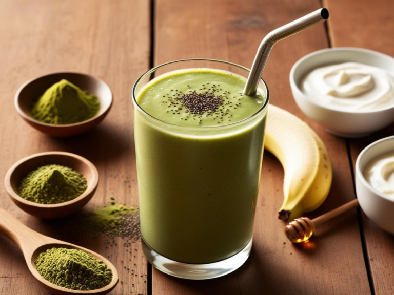 A minimalist presentation of Matcha Green Tea Smoothie in a tall glass, surrounded by matcha powder, yogurt, and a banana.