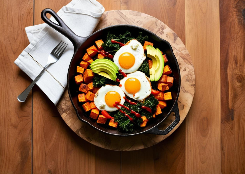 Top-down view of Sweet Potato and Kale Breakfast Hash served in a cast-iron skillet, with sunny-side-up eggs, avocado slices, and garnishes of hot sauce.