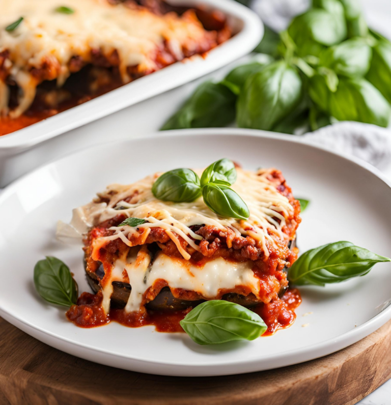 A single slice of Eggplant Parmesan on a white plate, surrounded by fresh basil leaves.