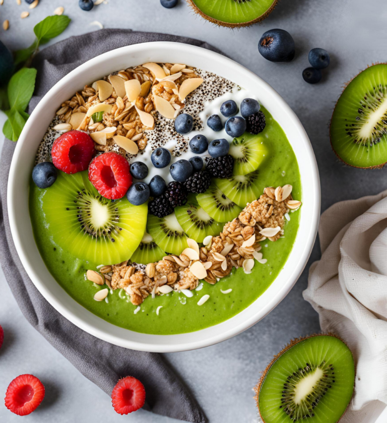 A green smoothie bowl with colorful toppings including kiwi, blackberries, raspberries, and granola, surrounded by fresh ingredients on a soft gray cloth.