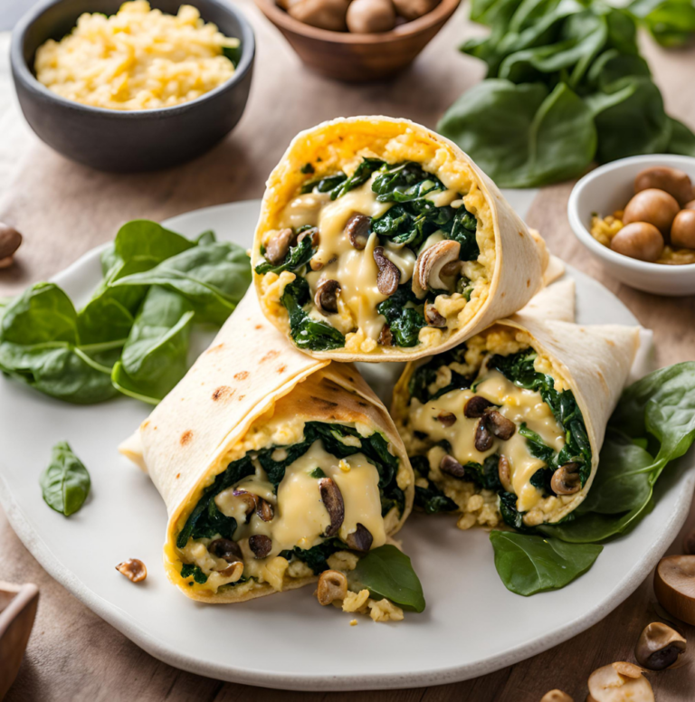 A plate with three spinach and mushroom breakfast wraps surrounded by fresh ingredients.